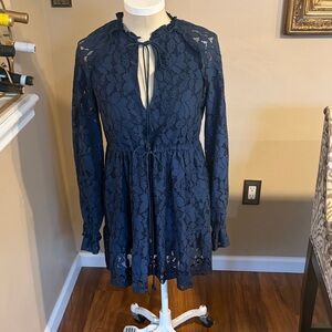 HEMANT & NANDITA Navy Blue Lace Long-Sleeve Tie-Front Dress